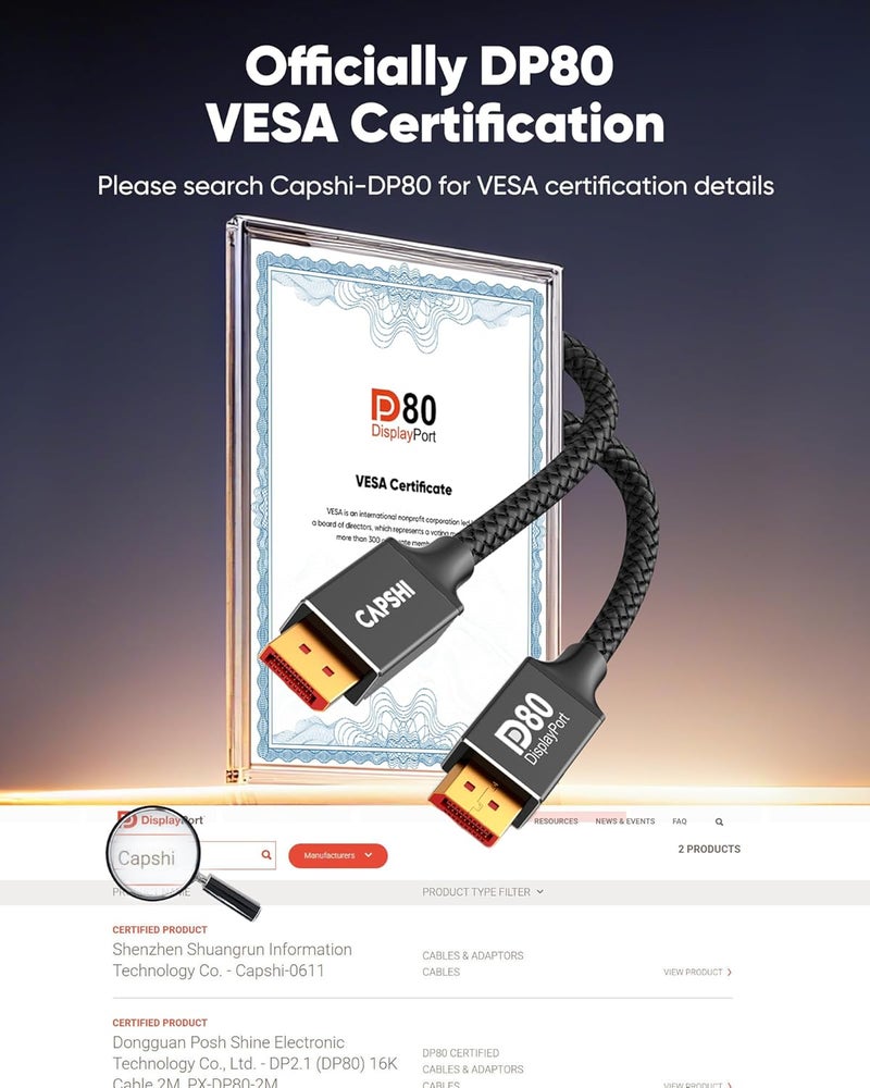 Capshi 80Gbps VESA Certified DisplayPort 2.1, 16K DP Cable 6.6FT (8K@240Hz, 4K@540Hz 360Hz 240Hz), DP80 Display Port Cord for RTX 5090, 7900XTX, Gaming Monitor, HDR/FreeSync/G-Sync - Image 2